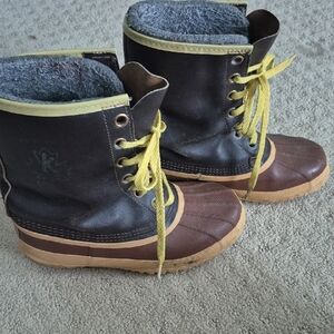 Brown and Tan Duck Boots with Yellow Laces